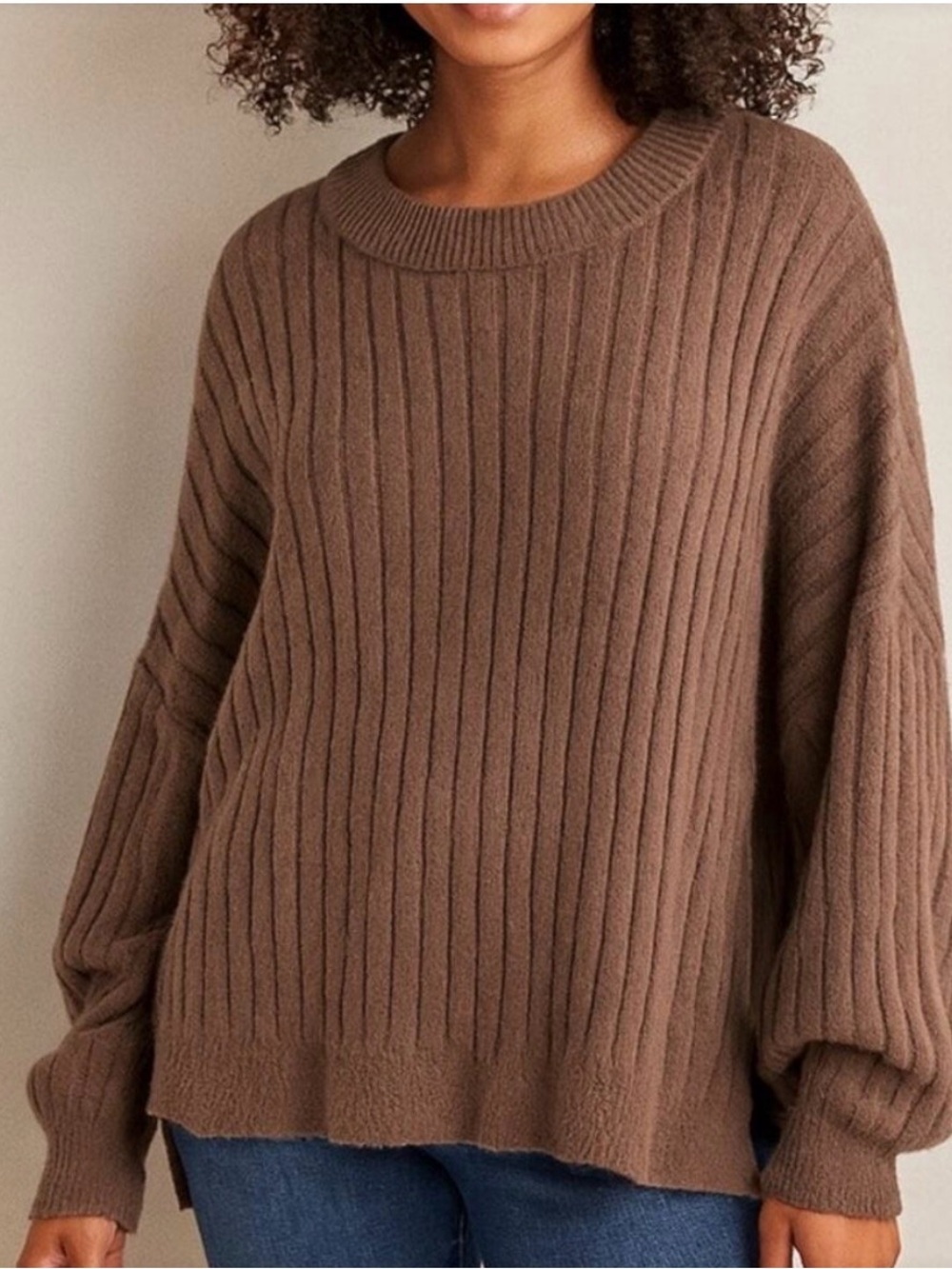 Aerie Brown Buttercream Fuzzy Crew Sweater